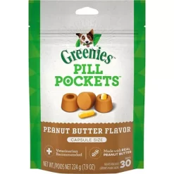 Greenies PILL POCKETS For Dogs Capsule Size Natural Soft Dog Treats With Real Peanut Butter, 7.9 Oz. Pack (30 Treats)