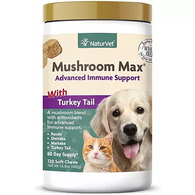 NaturVet Mushroom Max Advanced Immune Support With Turkey Tail Supplement For Dogs And Cats, 120 Ct.