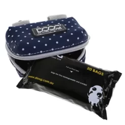 DOOG Stella Neoprene Walkie Dog Walking Pouch With Tidy Bags Pick-up Poop Bags, Navy With White Polka Dots