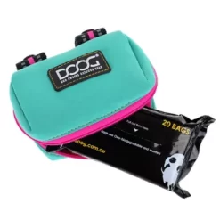 DOOG Run Tin Tin Teal With Pink Neon Trim Neoprene High Visibility Walkie Dog Walking Pouch With Pick-up Poop Bags