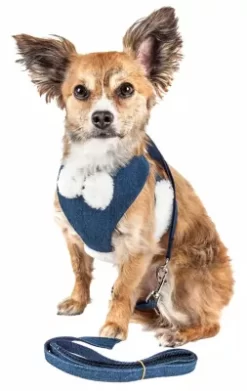 Pet Life Luxe Pom Draper 2-In-1 Mesh Reversed Adjustable Dog Harness-Leash With Pom-Pom Bowtie
