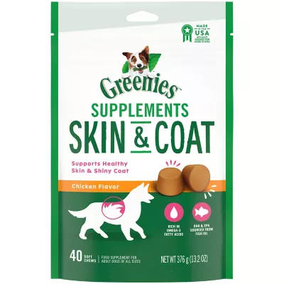 Greenies Skin & Coat Food Soft Chews With Omega 3 Fatty Acids 40 Ct. Chicken Flavor For Adult Dogs Of All Sizes
