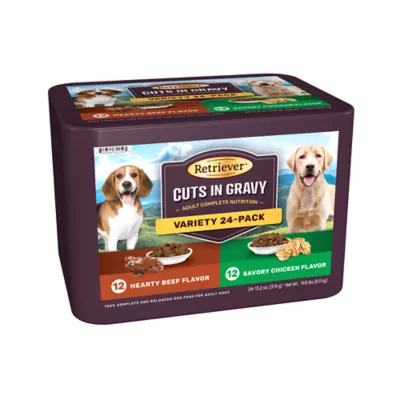 Retriever Adult Hearty Beef/Savory Chicken Flavor Cuts In Gravy Wet Dog Food Variety Pack, 13.2 Oz., Pack Of 24 Cans