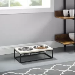 New! Sam's Pets Dan Wood And Stainless Steel Pet Bowl, Double